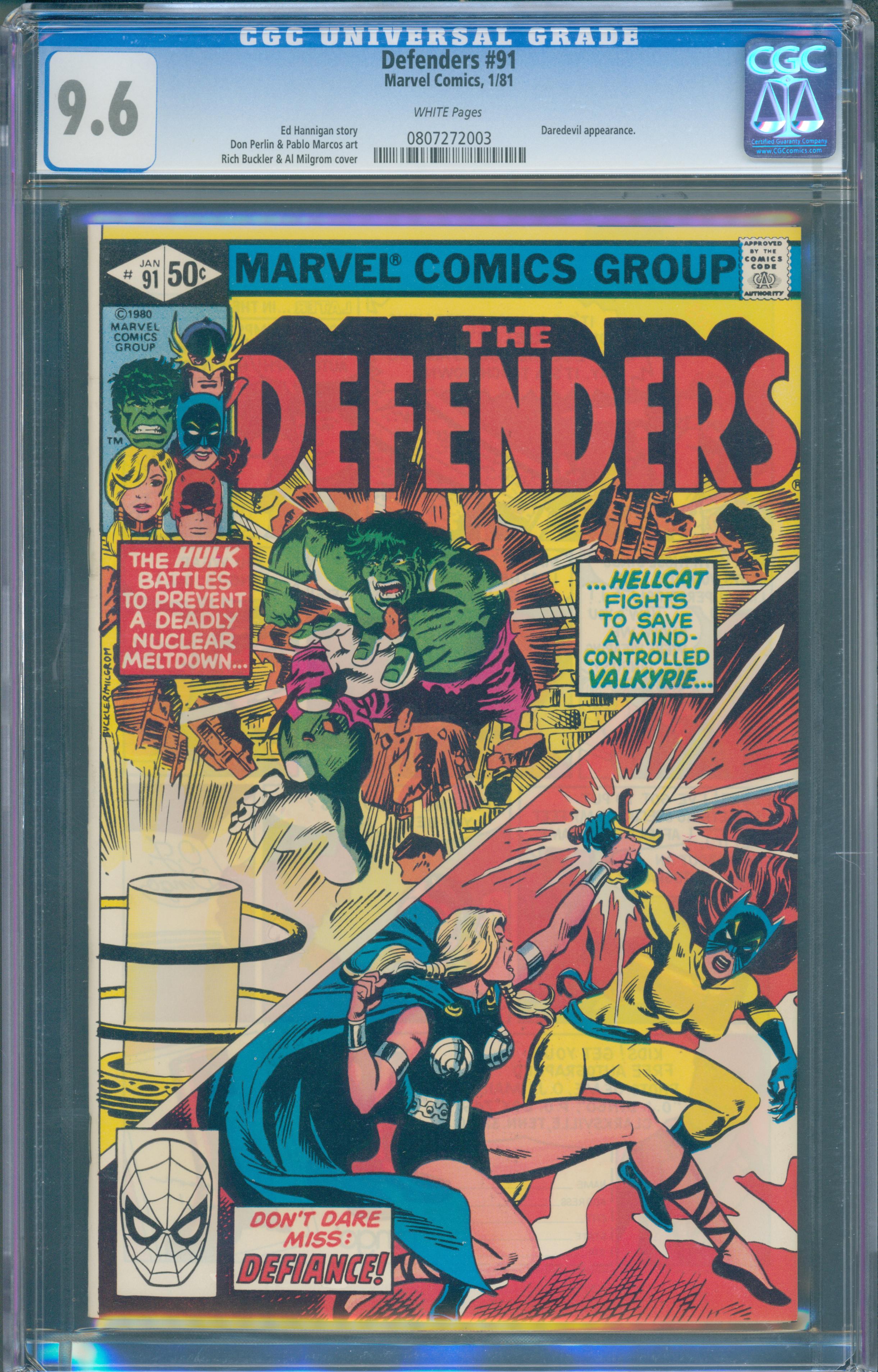 Defenders #91 (1981) CGC 9.6 White Pages (Daredevil App)
