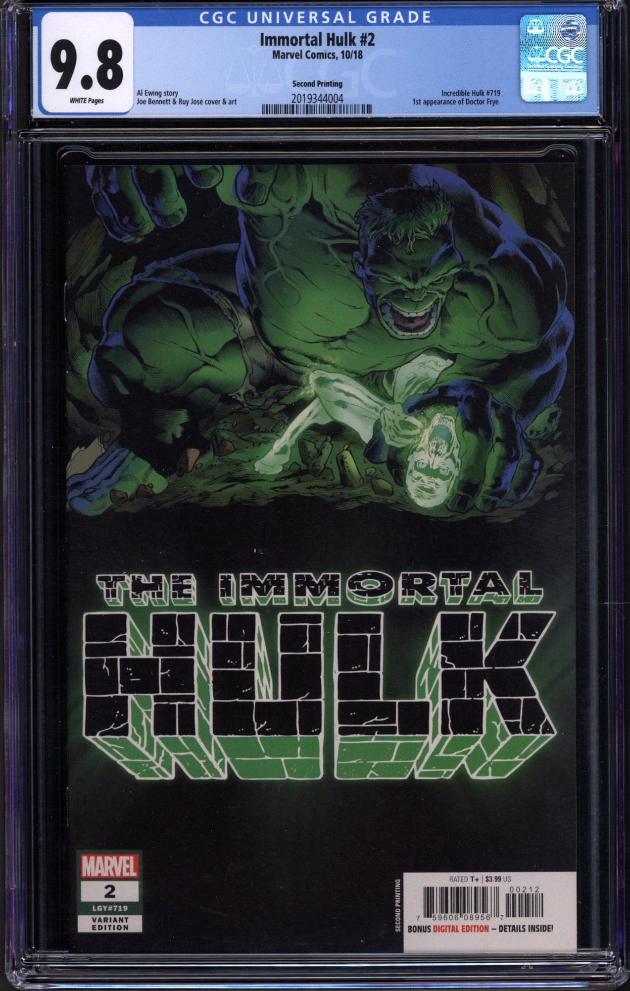 Immortal Hulk #2 Second Printing (Marvel, 2018) CGC 9.8 White Pages