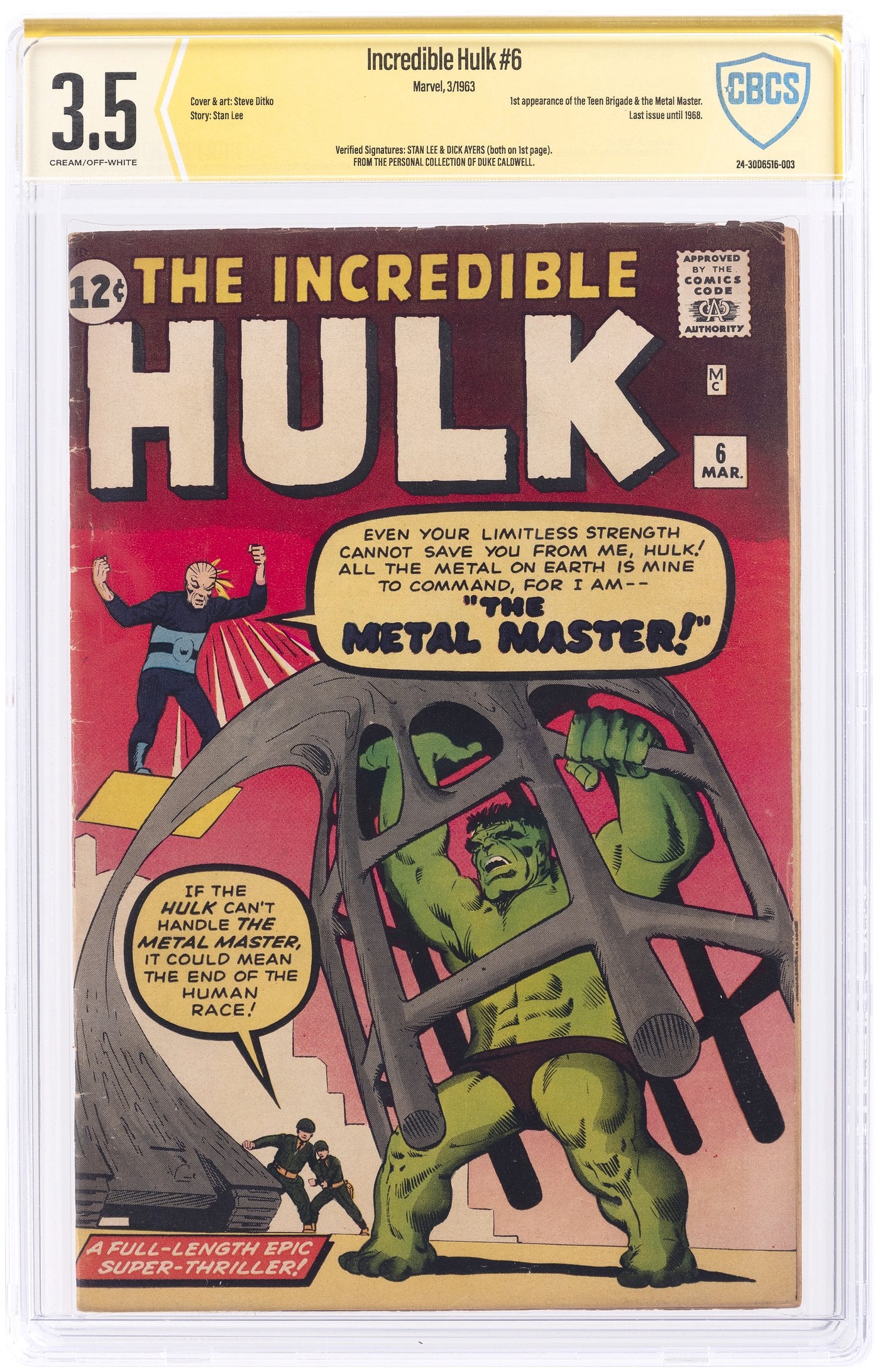 Incredible Hulk #6 (Marvel, 1963) CBCS 3.5 C/OW Verified SS