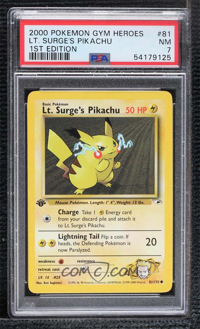 Lt. Surge’s Pikachu #81/132 – 1st Edition – Gym Heroes – PSA 7 NM